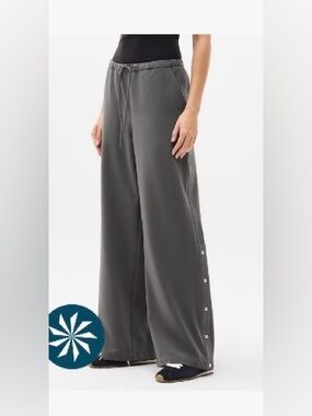 Wide Leg Snap-Trim Drawstring Pants - Gray